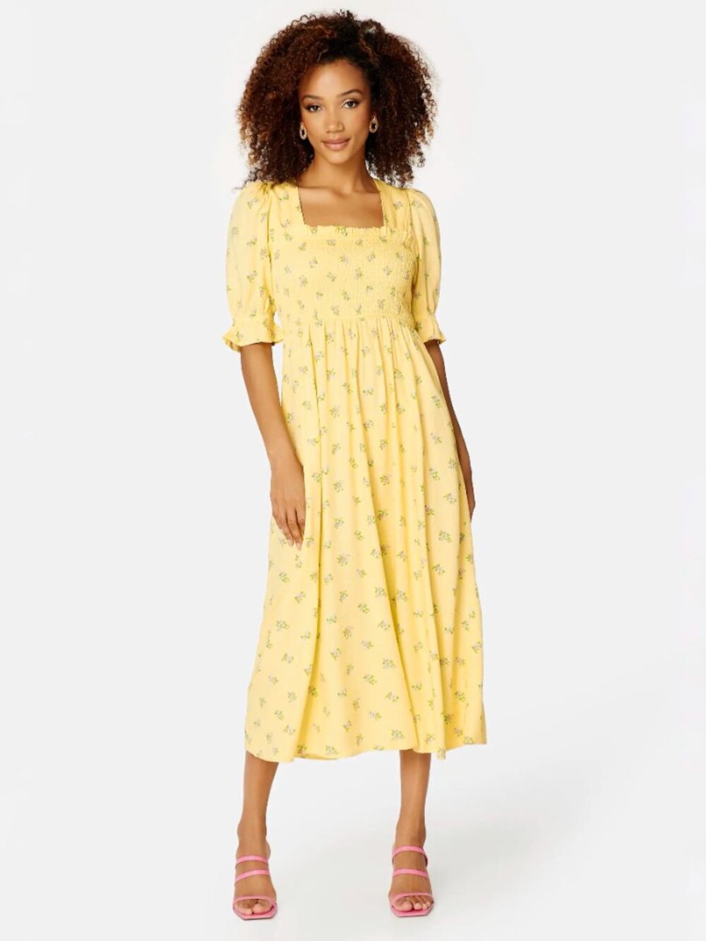SELECTED FEMME Ulrikke Yellow Floral Smocked Puff Sleeve Midi Dress, Size 38/M